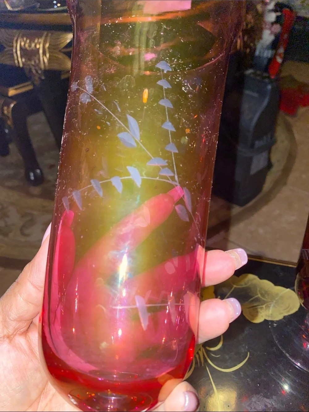 Vintage Hand-Etched Ruby and Rose Pink Glass Vases - Elegant Floral Design